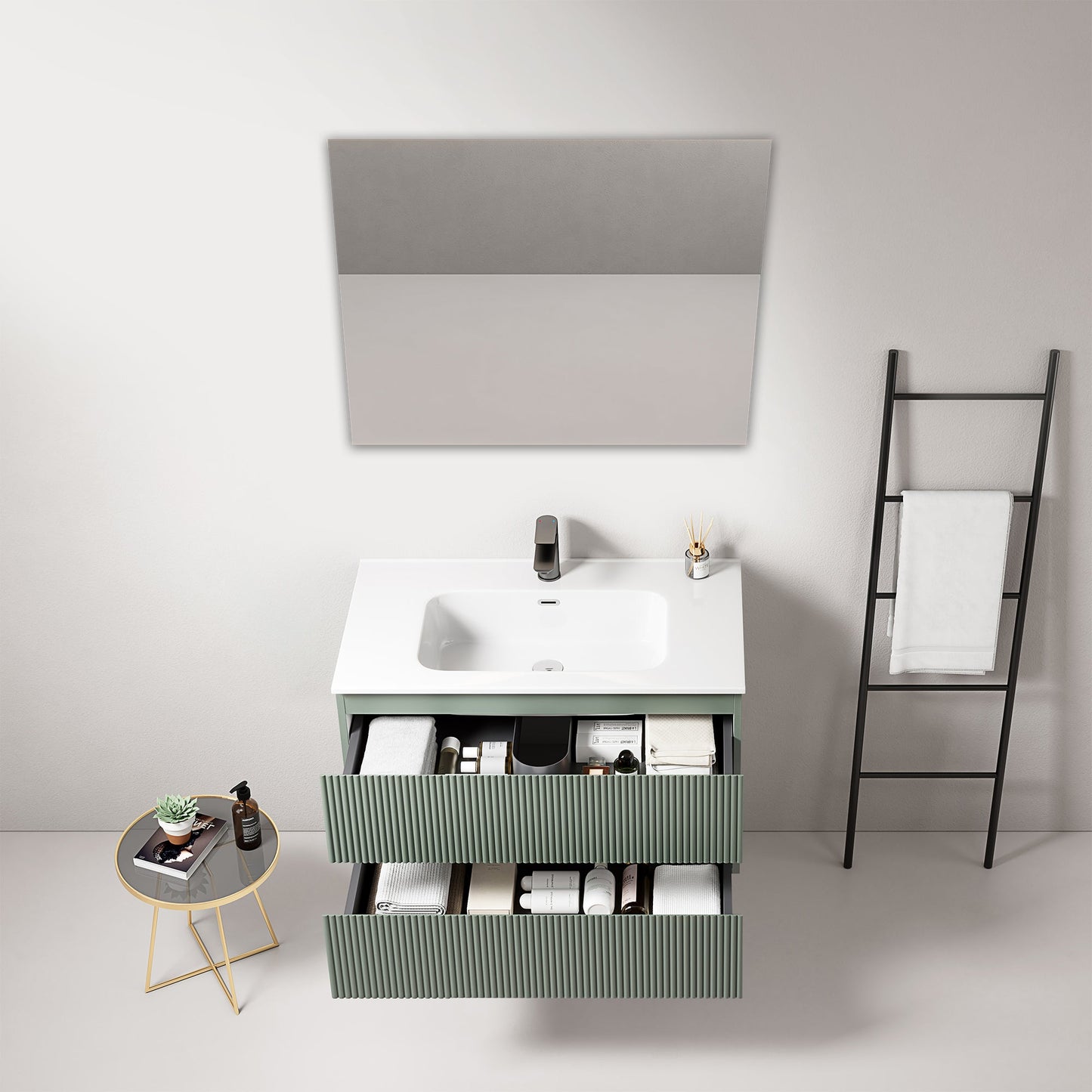 Mobile bagno sospeso cannettato 80 cm Verde Salvia Lavabo in Ceramica Specchio Quadro - Fiji Paint