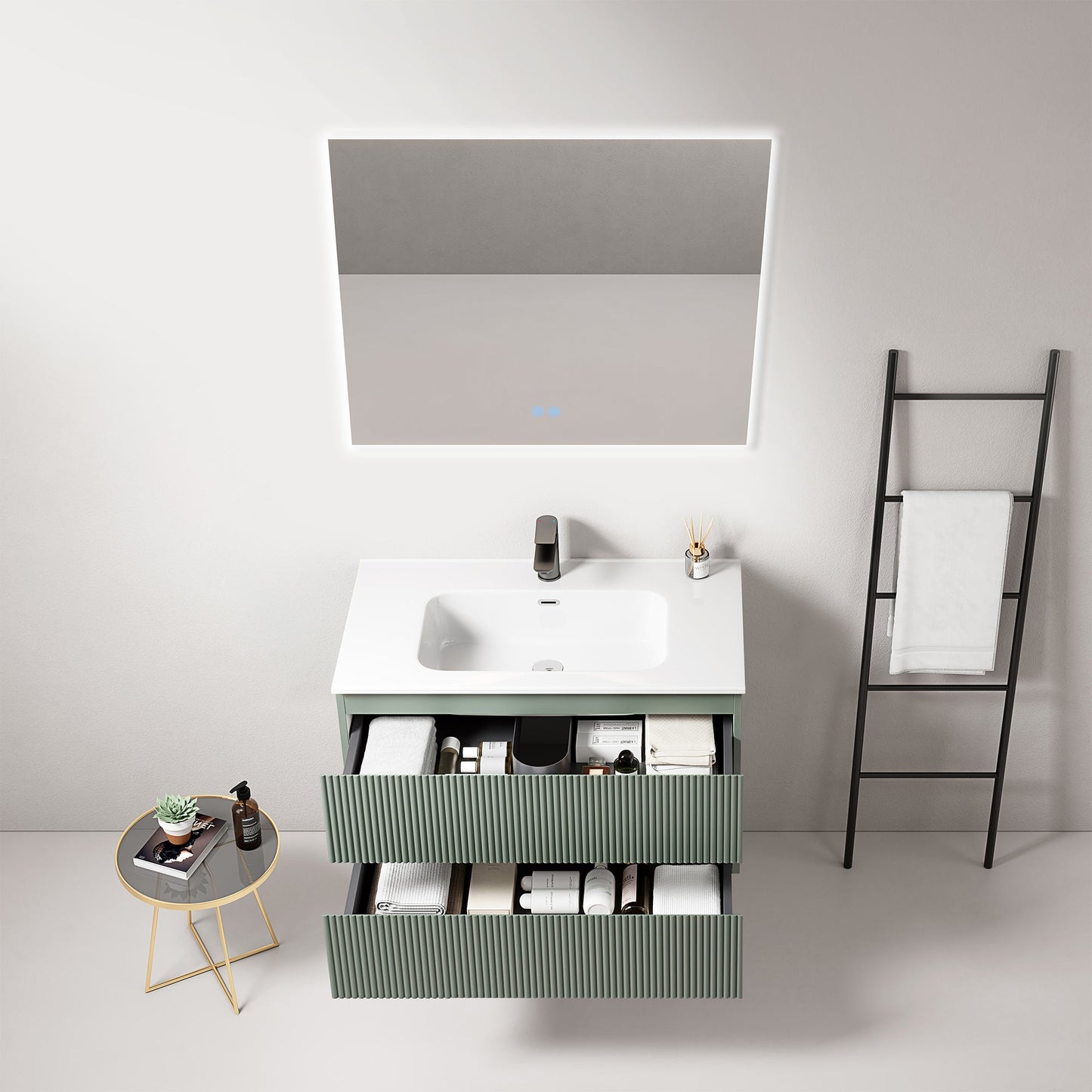 Mobile bagno sospeso cannettato 80 cm Verde Salvia Lavabo in Ceramica Specchio Quadro Retroilluminato - Fiji Paint