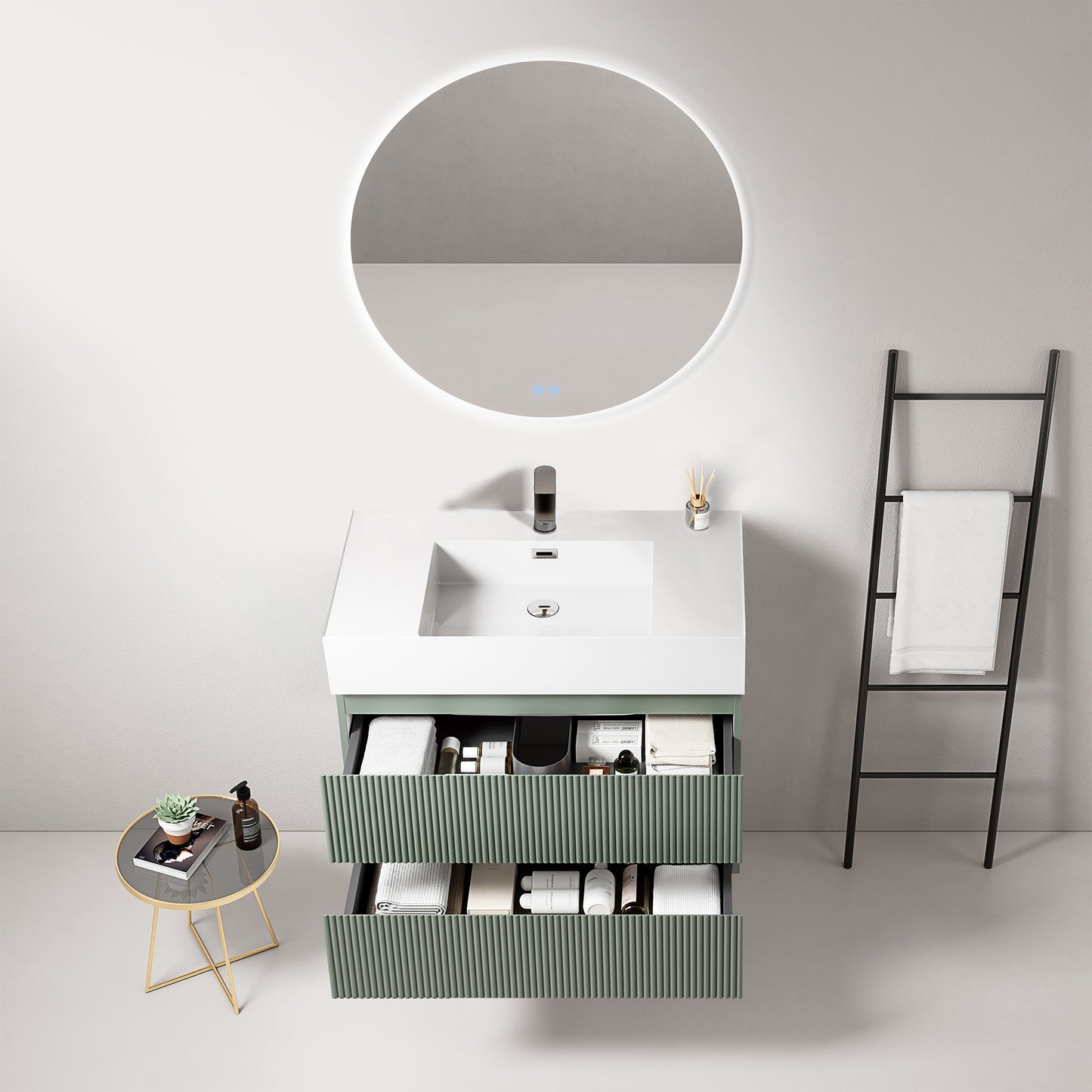 Mobile bagno sospeso cannettato 80 cm Verde Salvia Lavabo in Resina Specchio Tondo Retroilluminato - Fiji Paint