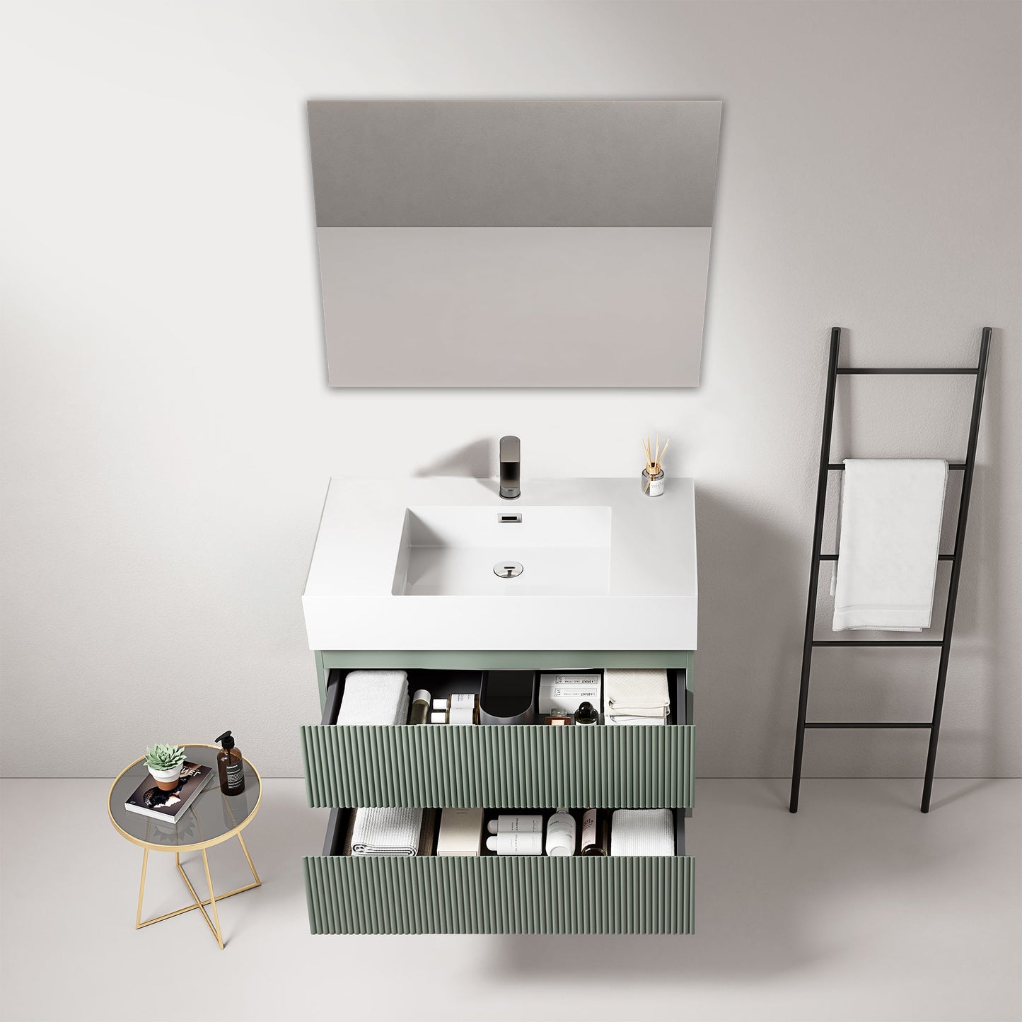 Mobile bagno sospeso cannettato 80 cm Verde Salvia Lavabo in Resina Specchio Quadro - Fiji Paint