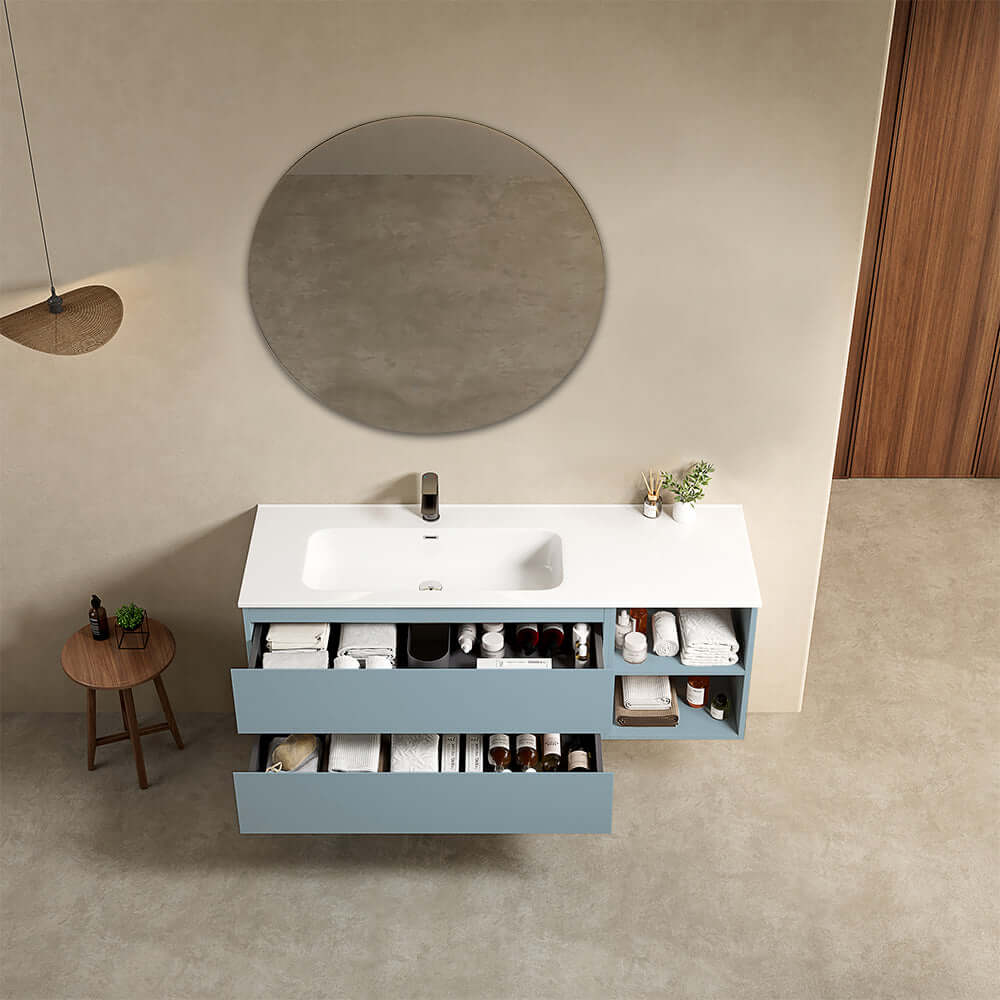 Mobile bagno sospeso 140 cm Blu Avio Lavabo a Sinistra in Resina Specchio Tondo - Fiji Paint Plus