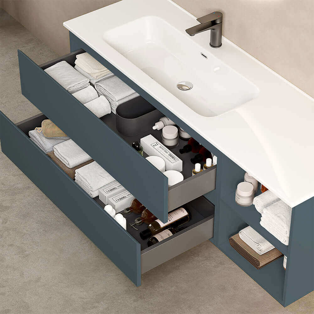 Mobile bagno sospeso 140 cm Blu Mare Lavabo a Sinistra in Resina Specchio Quadro - Fiji Paint Plus