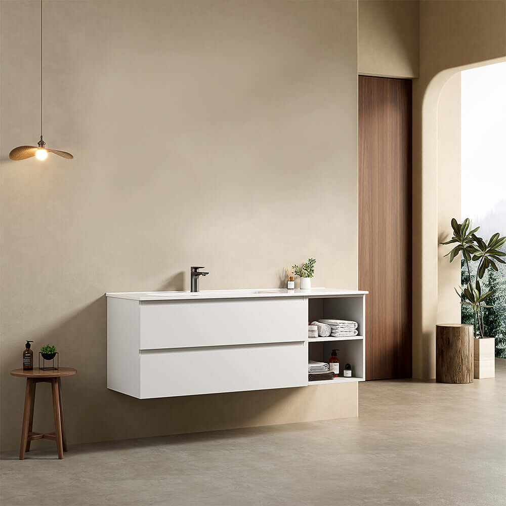 Mobile bagno sospeso 140 cm Bianco Lavabo a Sinistra in Resina Senza Specchio - Fiji Paint Plus