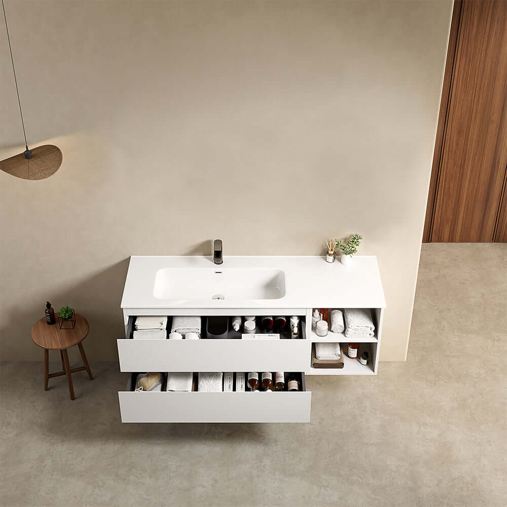 Mobile bagno sospeso 140 cm Bianco Lavabo a Sinistra in Resina Senza Specchio - Fiji Paint Plus