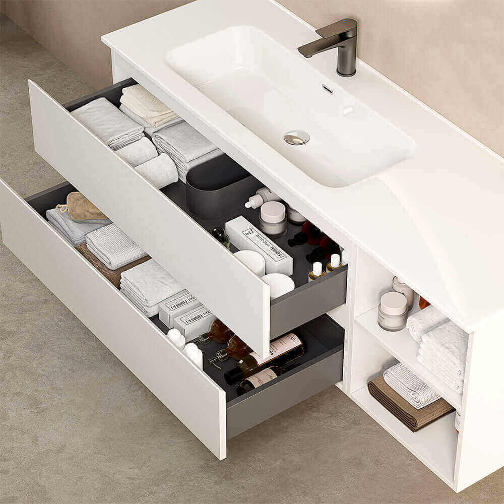 Mobile bagno sospeso 140 cm Bianco Lavabo a Sinistra in Resina Specchio Tondo - Fiji Paint Plus