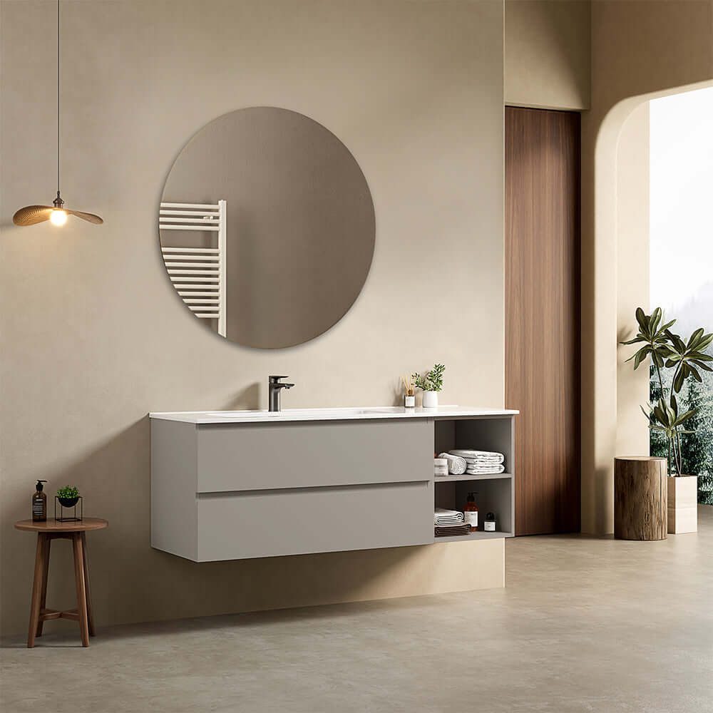 Mobile bagno sospeso 140 cm Grigio Cenere Lavabo a Sinistra in Resina Specchio Tondo - Fiji Paint Plus