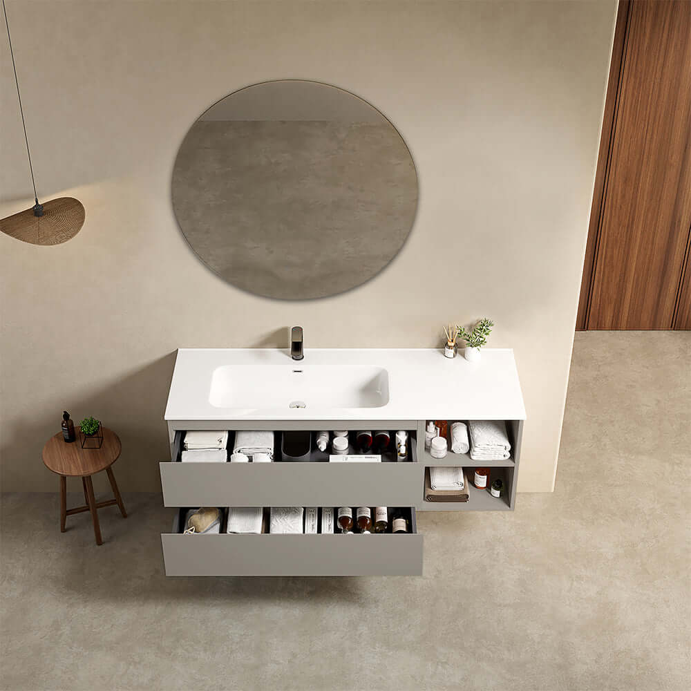 Mobile bagno sospeso 140 cm Grigio Cenere Lavabo a Sinistra in Resina Specchio Tondo - Fiji Paint Plus