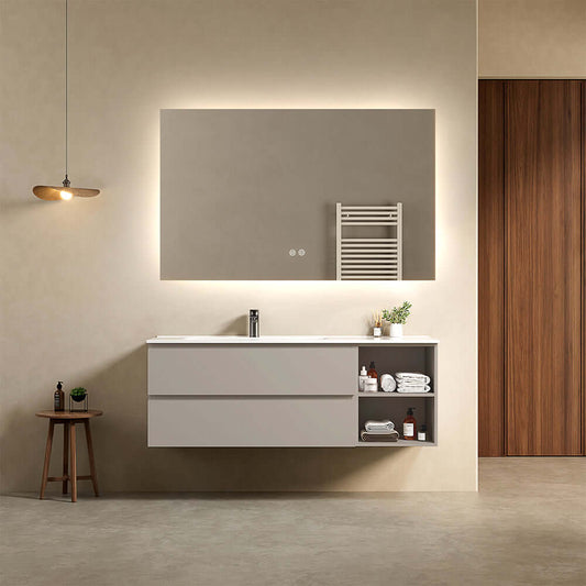 Mobile bagno sospeso 140 cm Grigio Cenere Lavabo a Sinistra in Resina Specchio Quadro Retroilluminato - Fiji Paint Plus