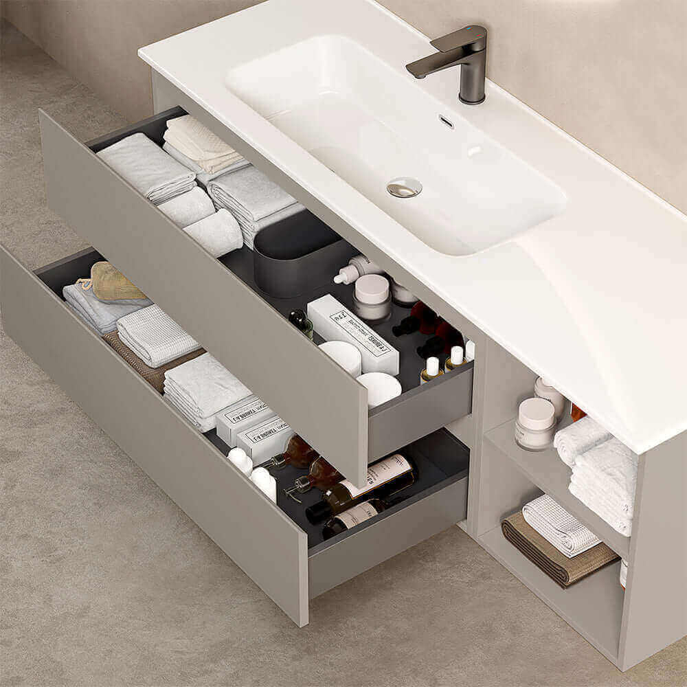 Mobile bagno sospeso 140 cm Grigio Cenere Lavabo a Sinistra in Resina Specchio Tondo - Fiji Paint Plus