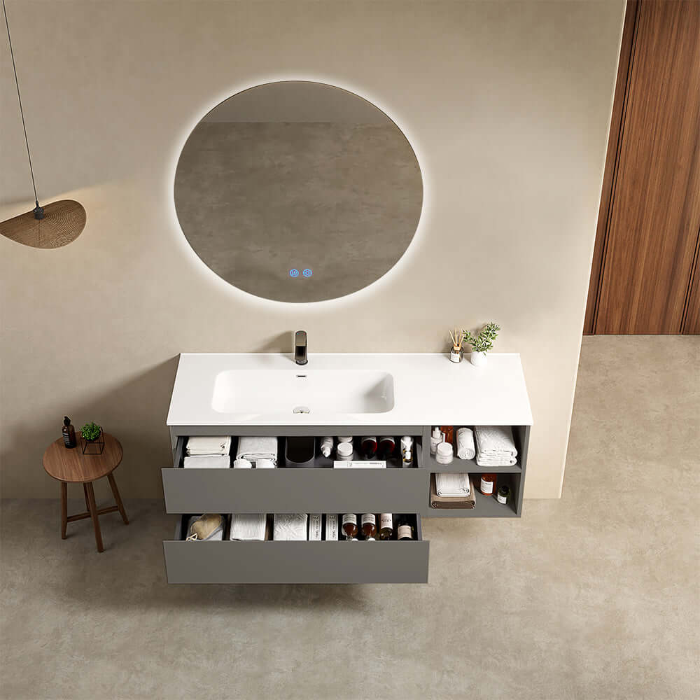 Mobile bagno sospeso 140 cm Grigio Londra Lavabo a Sinistra in Resina Specchio Tondo Retroilluminato - Fiji Paint Plus