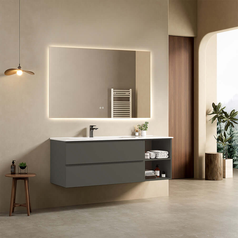 Mobile bagno sospeso 140 cm Grigio Londra Lavabo a Sinistra in Resina Specchio Quadro Retroilluminato - Fiji Paint Plus