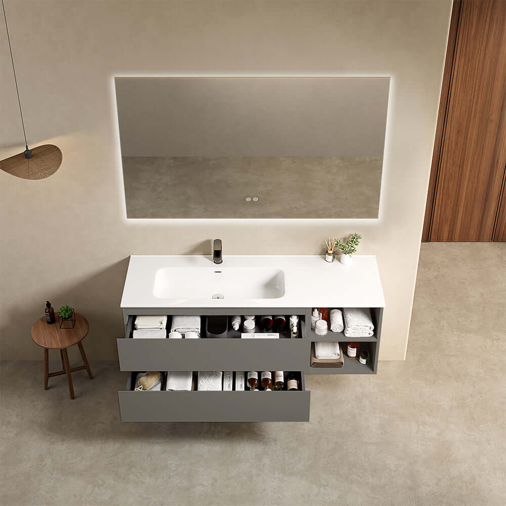 Mobile bagno sospeso 140 cm Grigio Londra Lavabo a Sinistra in Resina Specchio Quadro Retroilluminato - Fiji Paint Plus