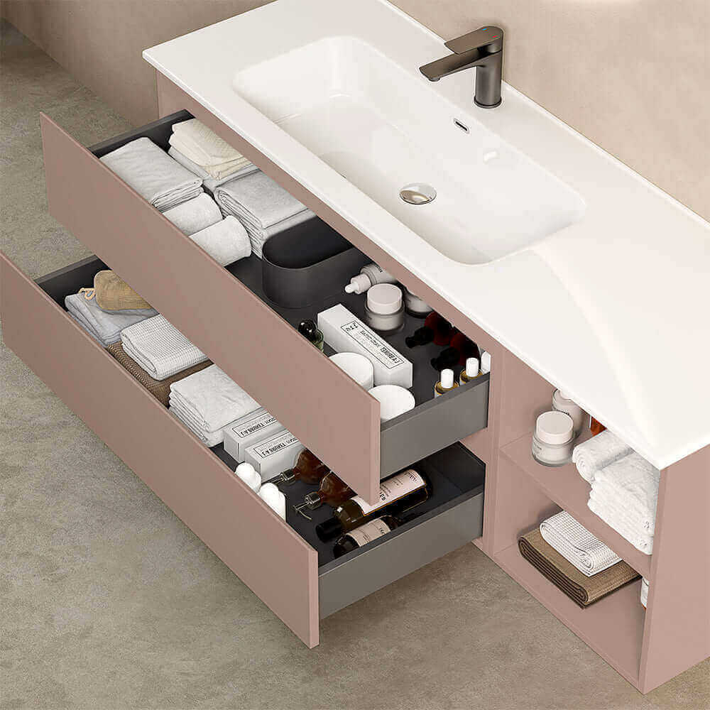 Mobile bagno sospeso 140 cm Rosa Retro Lavabo a Sinistra in Resina Senza Specchio - Fiji Paint Plus