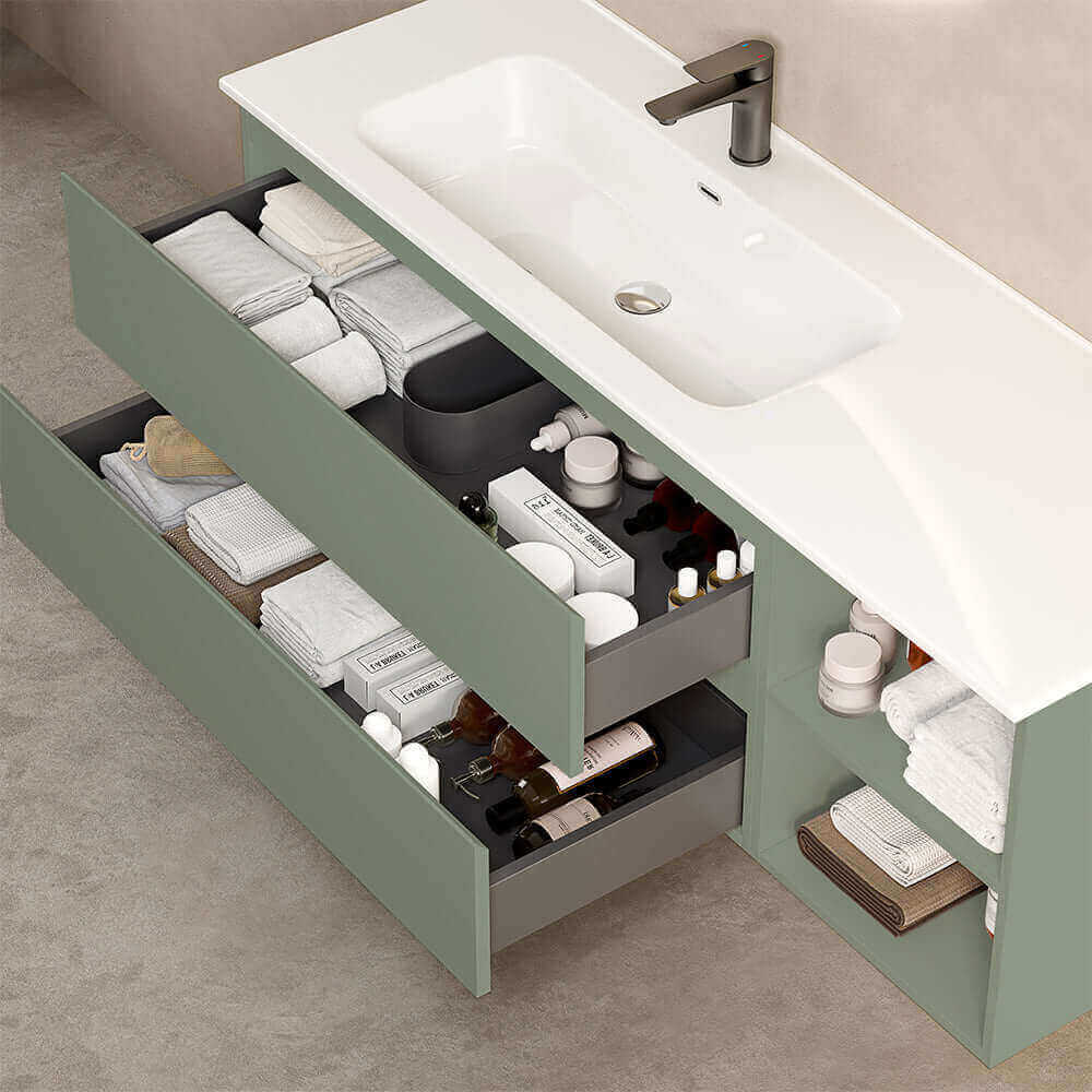 Mobile bagno sospeso 140 cm Verde Salvia Lavabo a Sinistra in Resina Specchio Tondo - Fiji Paint Plus