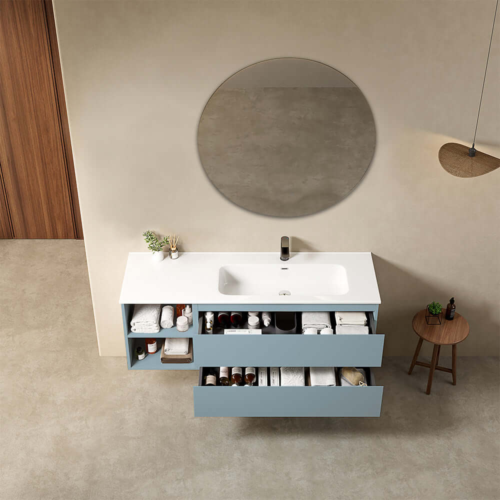 Mobile bagno sospeso 140 cm Blu Avio Lavabo a Destra in Resina Specchio Tondo - Fiji Paint Plus