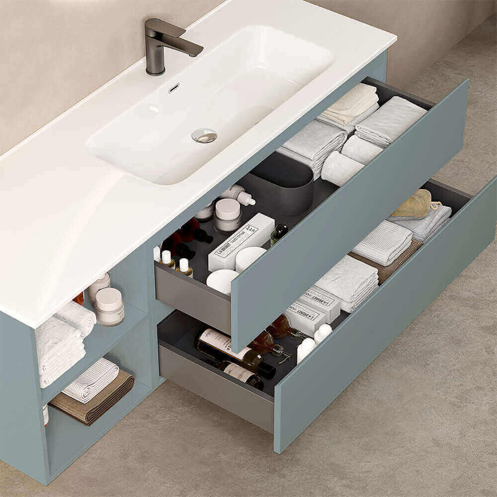 Mobile bagno sospeso 140 cm Blu Avio Lavabo a Destra in Resina Specchio Tondo - Fiji Paint Plus