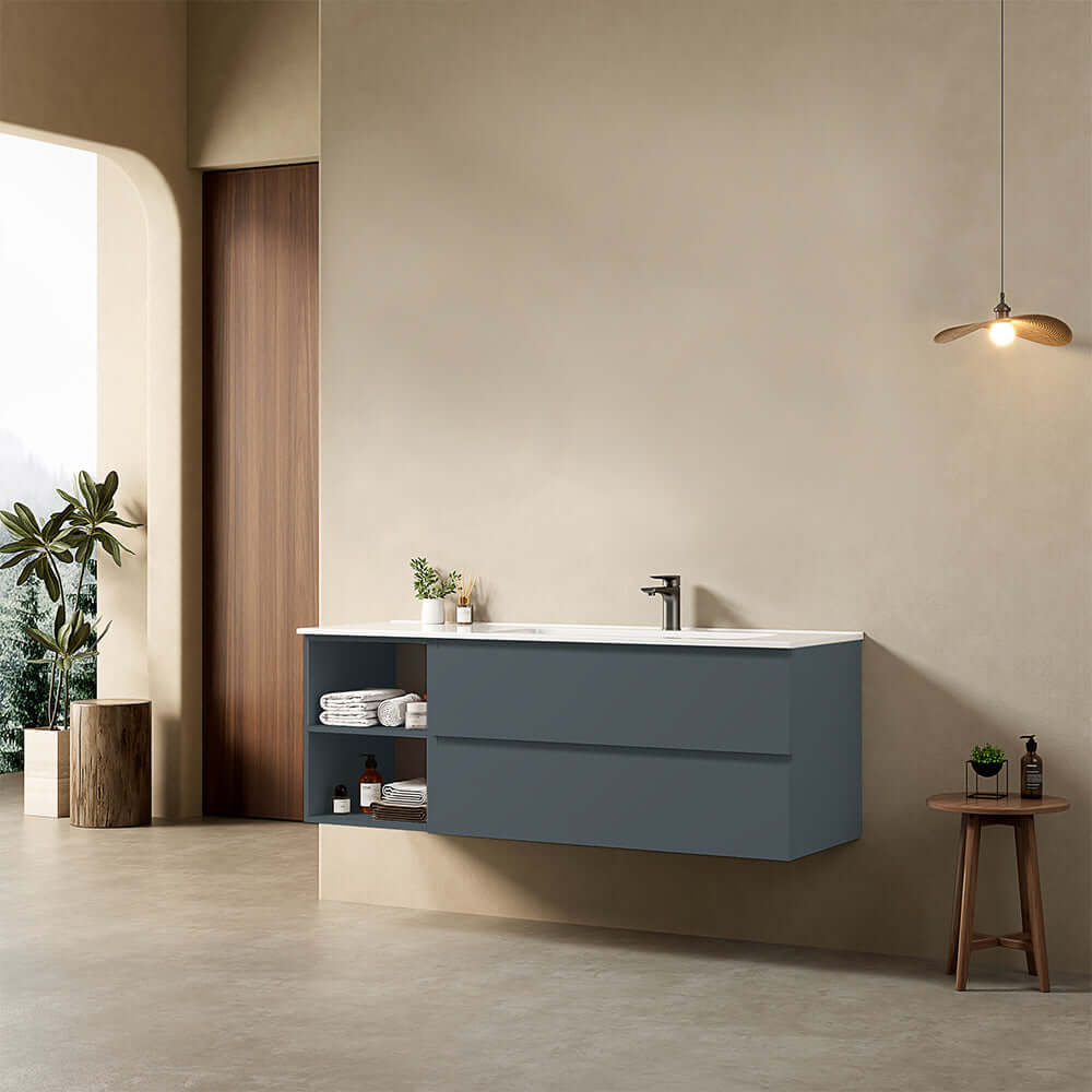 Mobile bagno sospeso 140 cm Blu Mare Lavabo a Destra in Resina Senza Specchio - Fiji Paint Plus