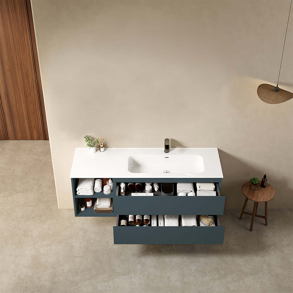 Mobile bagno sospeso 140 cm Blu Mare Lavabo a Destra in Resina Senza Specchio - Fiji Paint Plus