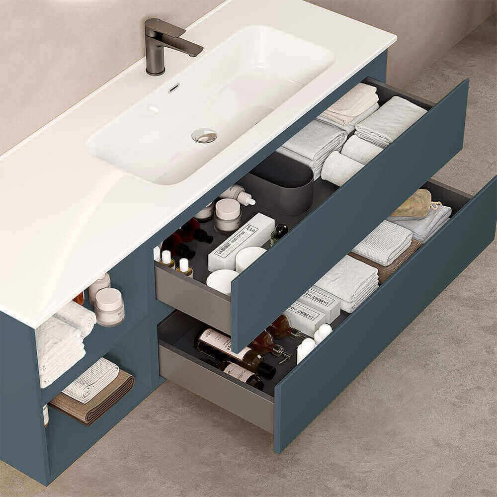 Mobile bagno sospeso 140 cm Blu Mare Lavabo a Destra in Resina Specchio Tondo Retroilluminato - Fiji Paint Plus