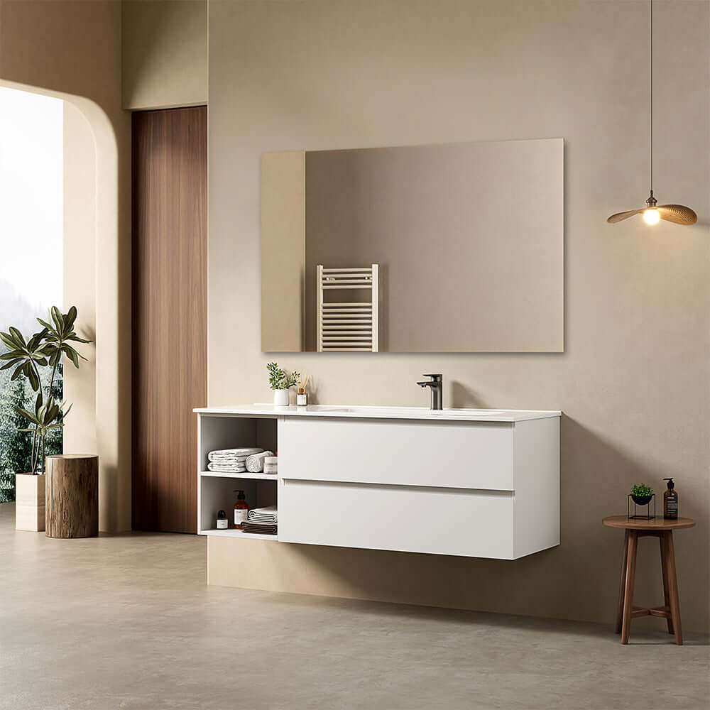 Mobile bagno sospeso 140 cm Bianco Lavabo a Destra in Resina Specchio Quadro - Fiji Paint Plus