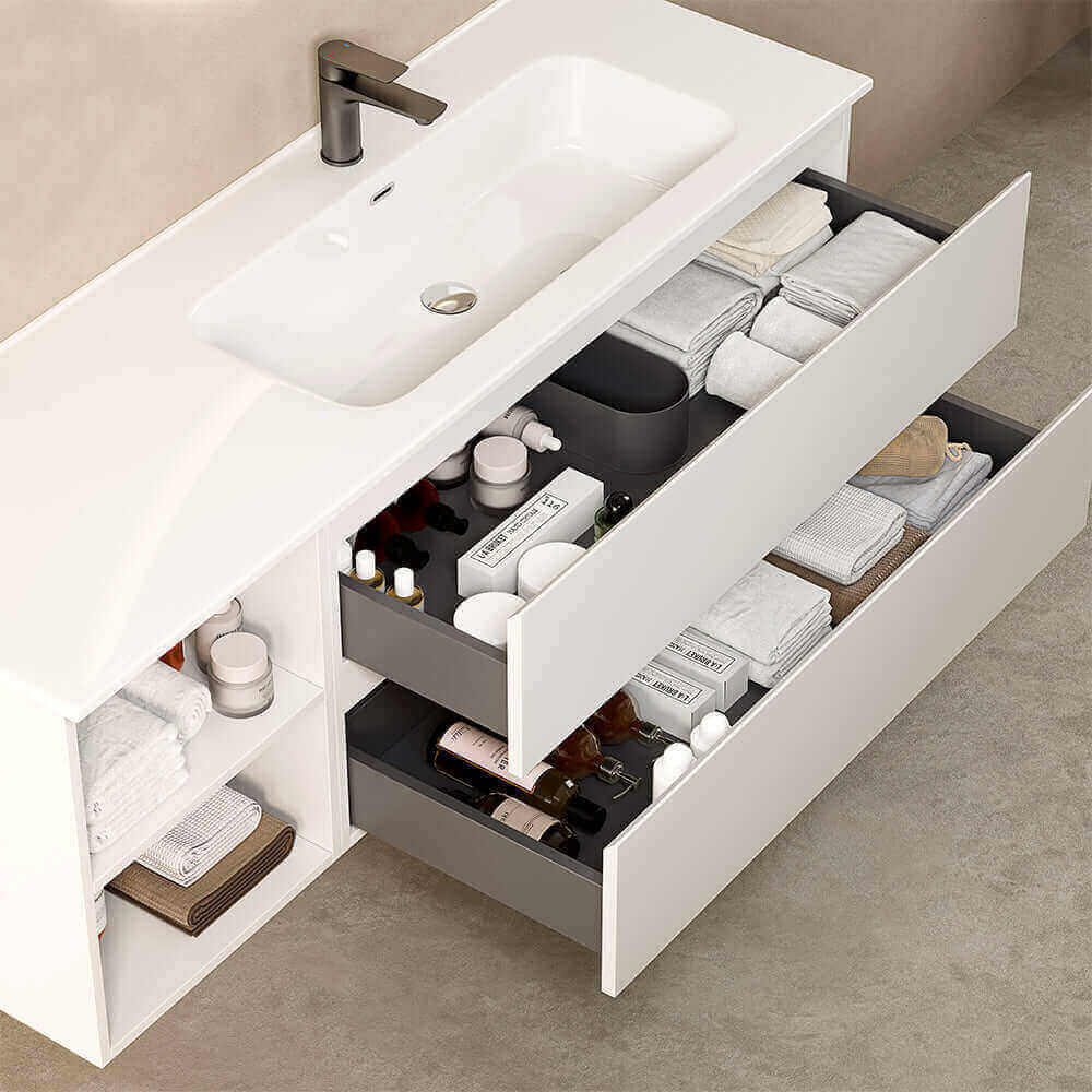 Mobile bagno sospeso 140 cm Bianco Lavabo a Destra in Resina Specchio Tondo - Fiji Paint Plus