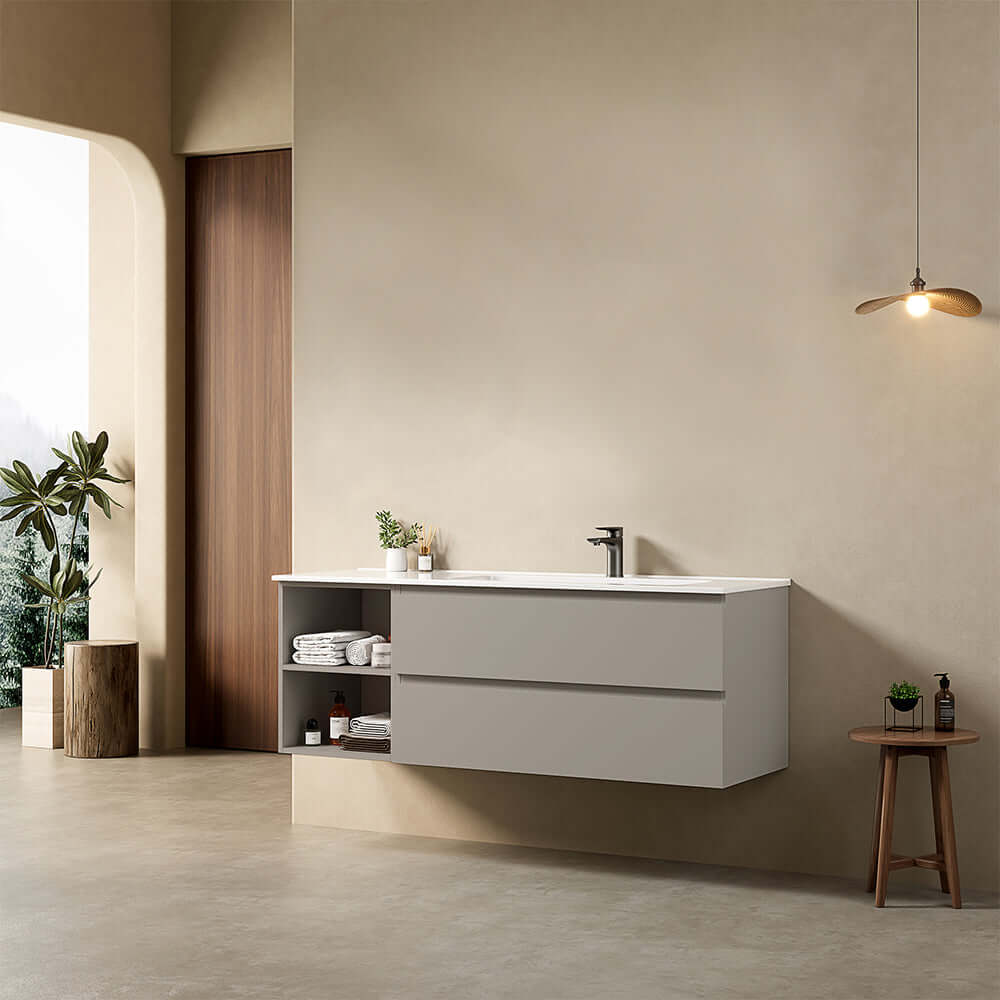 Mobile bagno sospeso 140 cm Grigio Cenere Lavabo a Destra in Resina Senza Specchio - Fiji Paint Plus