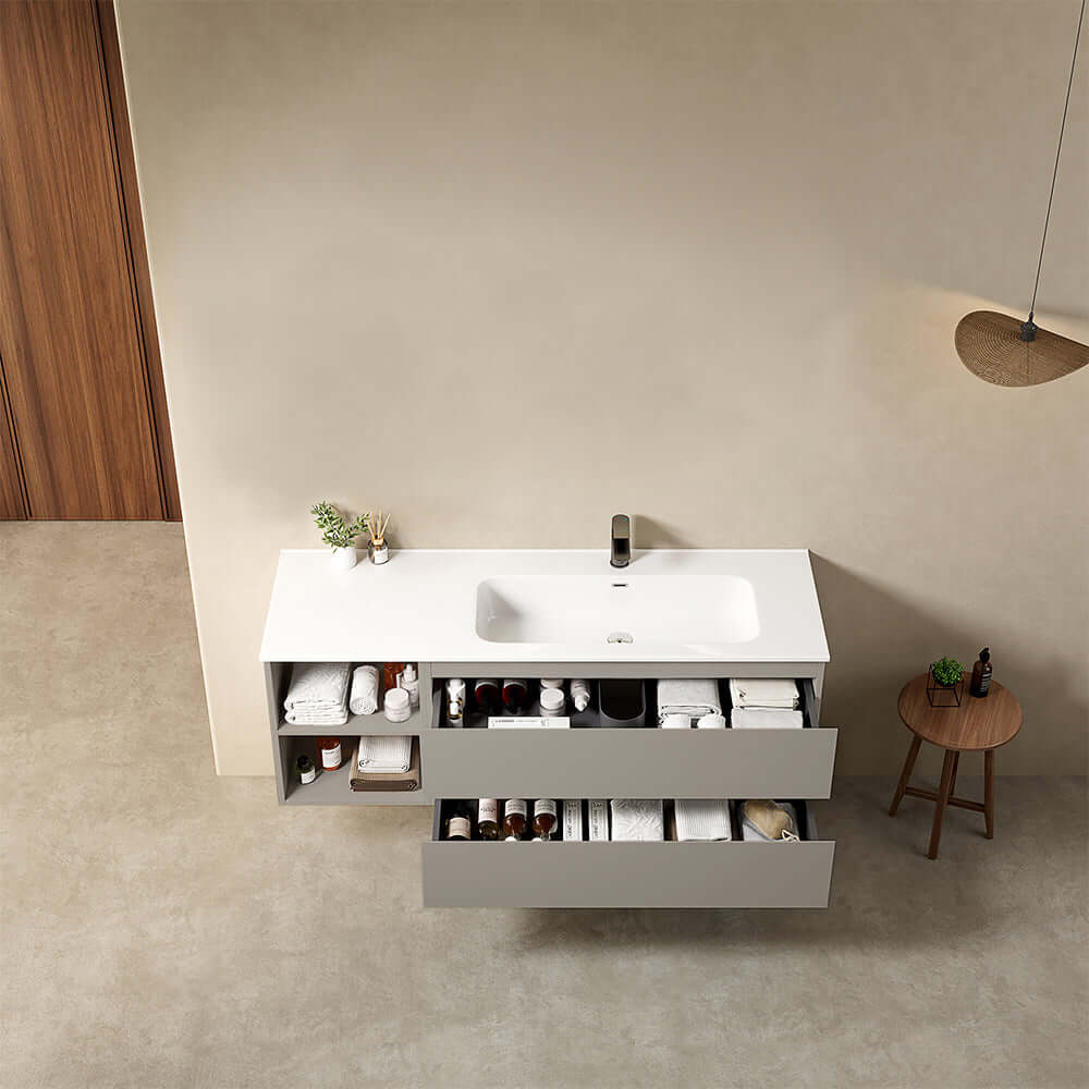 Mobile bagno sospeso 140 cm Grigio Cenere Lavabo a Destra in Resina Senza Specchio - Fiji Paint Plus