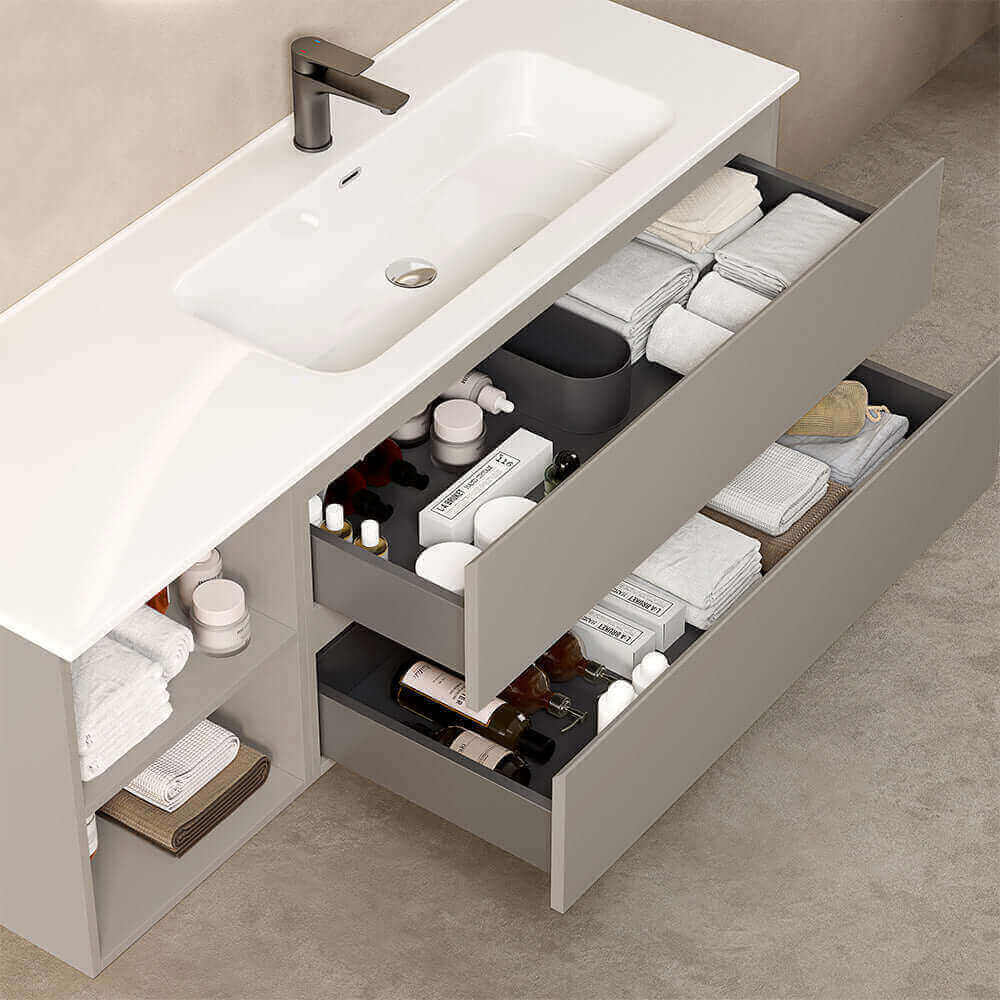 Mobile bagno sospeso 140 cm Grigio Cenere Lavabo a Destra in Resina Specchio Tondo Retroilluminato - Fiji Paint Plus