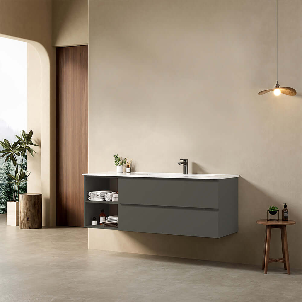 Mobile bagno sospeso 140 cm Grigio Londra Lavabo a Destra in Resina Senza Specchio - Fiji Paint Plus