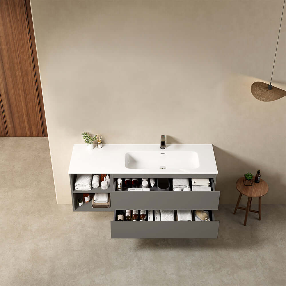 Mobile bagno sospeso 140 cm Grigio Londra Lavabo a Destra in Resina Senza Specchio - Fiji Paint Plus