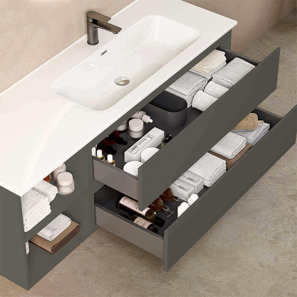 Mobile bagno sospeso 140 cm Grigio Londra Lavabo a Destra in Resina Senza Specchio - Fiji Paint Plus