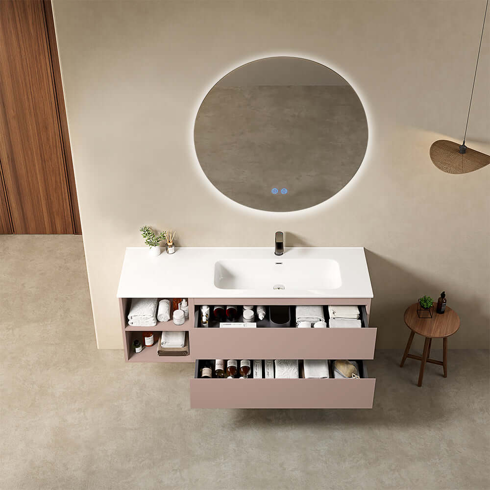 Mobile bagno sospeso 140 cm Rosa Retro Lavabo a Destra in Resina Specchio Tondo Retroilluminato - Fiji Paint Plus