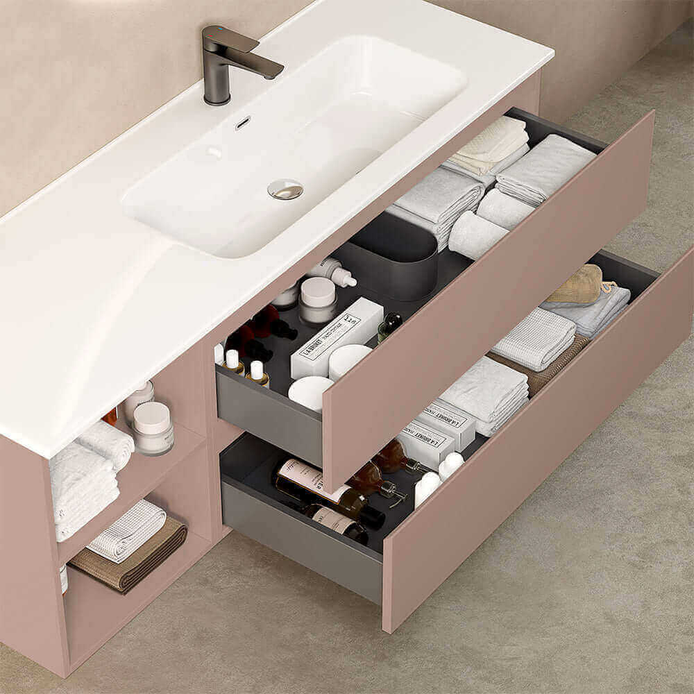 Mobile bagno sospeso 140 cm Rosa Retro Lavabo a Destra in Resina Specchio Tondo - Fiji Paint Plus