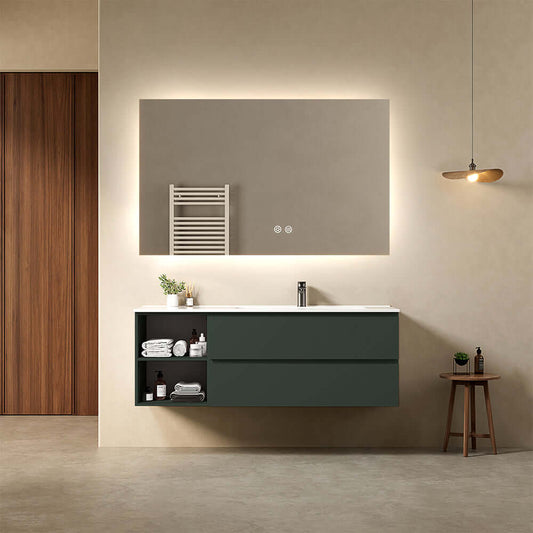 Mobile bagno sospeso 140 cm Verde Comodoro Lavabo a Destra in Resina Specchio Quadro Retroilluminato - Fiji Paint Plus