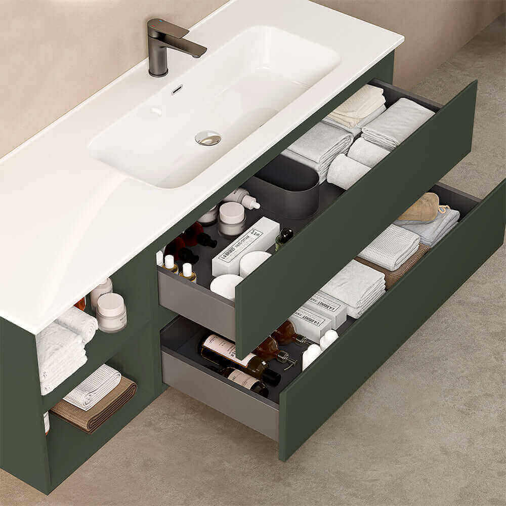 Mobile bagno sospeso 140 cm Verde Comodoro Lavabo a Destra in Resina Specchio Tondo - Fiji Paint Plus