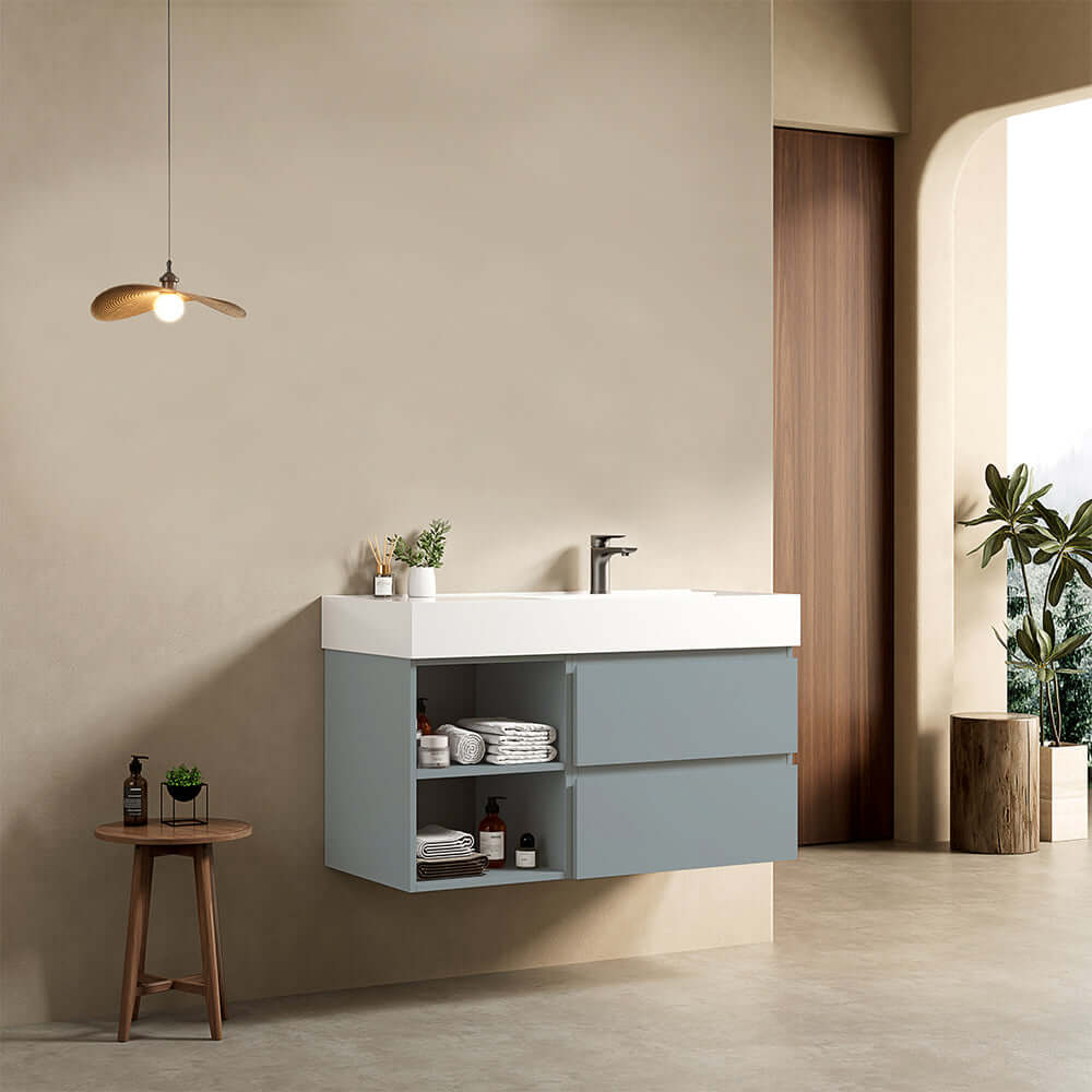 Mobile bagno sospeso 100 cm Blu Avio Lavabo a Destra in Resina Senza Specchio - Fiji Paint Plus