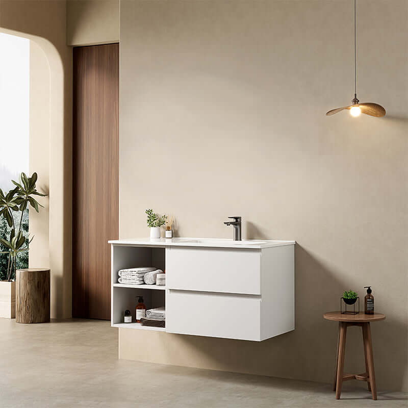 Mobile bagno sospeso 100 cm Bianco Opaco Lavabo a Destra in Ceramica Senza Specchio - Fiji Paint Plus