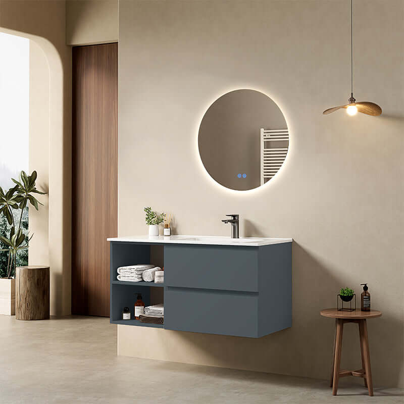 Mobile bagno sospeso 100 cm Blu Mare Lavabo a Destra in Ceramica Specchio Tondo Retroilluminato - Fiji Paint Plus