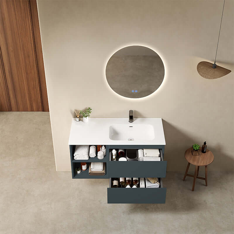 Mobile bagno sospeso 100 cm Blu Mare Lavabo a Destra in Ceramica Specchio Tondo Retroilluminato - Fiji Paint Plus