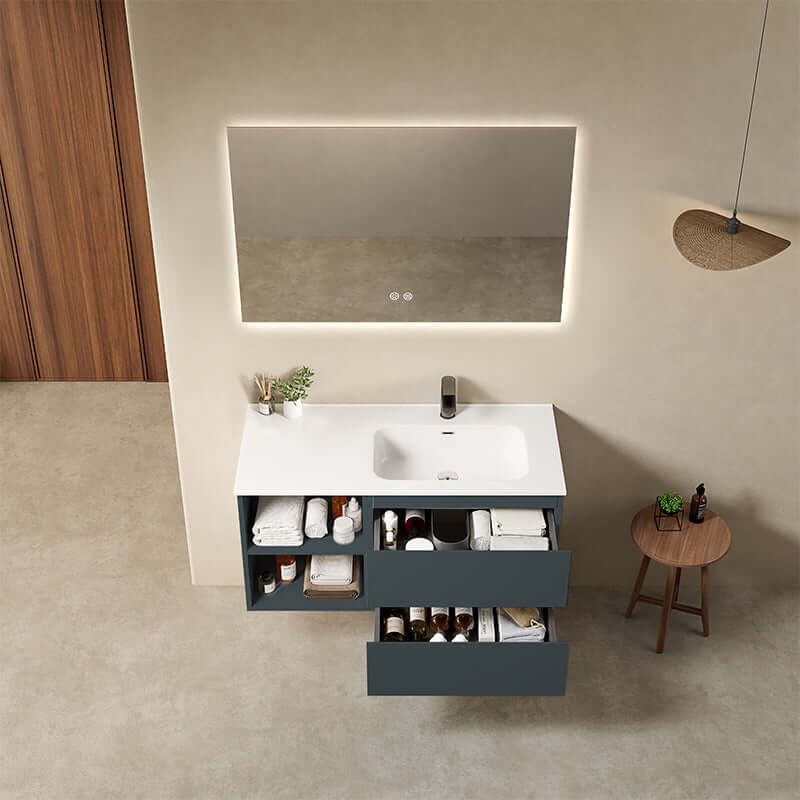 Mobile bagno sospeso 100 cm Blu Mare Lavabo a Destra in Ceramica Specchio Quadro Retroilluminato - Fiji Paint Plus