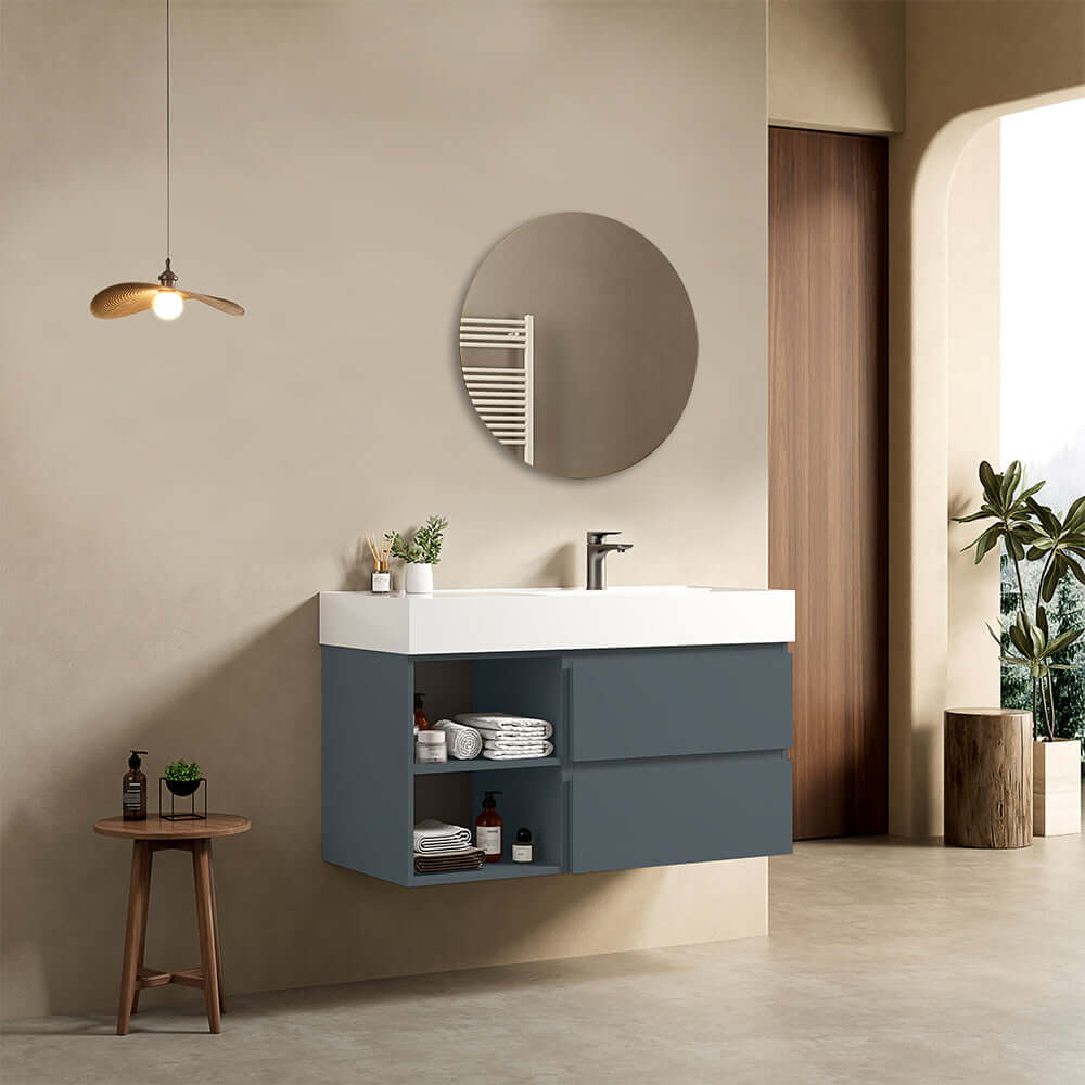 Mobile bagno sospeso 100 cm Blu Mare Lavabo a Destra in Resina Specchio Tondo - Fiji Paint Plus