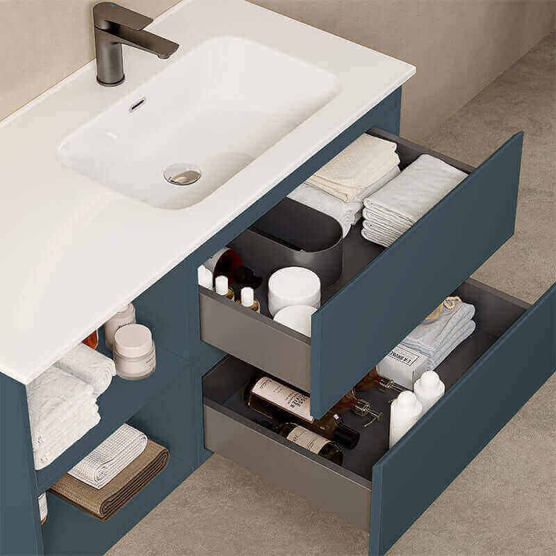 Mobile bagno sospeso 100 cm Blu Mare Lavabo a Destra in Ceramica Specchio Tondo Retroilluminato - Fiji Paint Plus