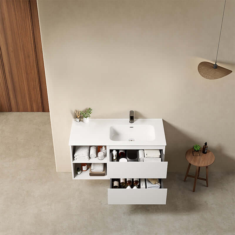 Mobile bagno sospeso 100 cm Bianco Opaco Lavabo a Destra in Ceramica Senza Specchio - Fiji Paint Plus