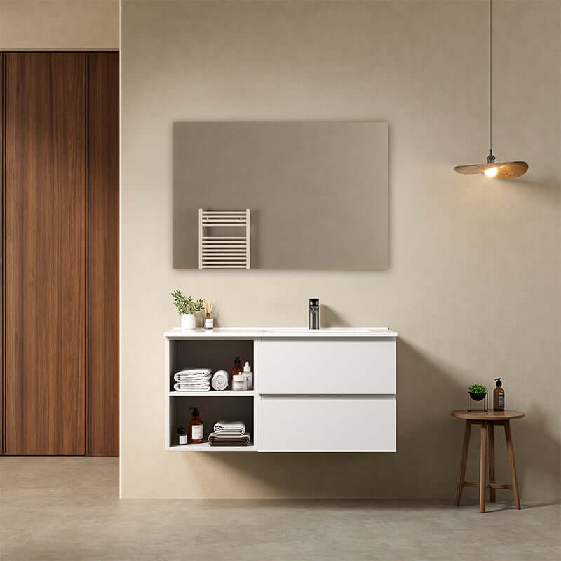 Mobile bagno sospeso 100 cm Bianco Opaco Lavabo a Destra in Ceramica Specchio Quadro - Fiji Paint Plus