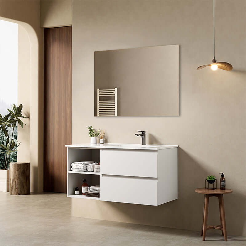 Mobile bagno sospeso 100 cm Bianco Opaco Lavabo a Destra in Ceramica Specchio Quadro - Fiji Paint Plus