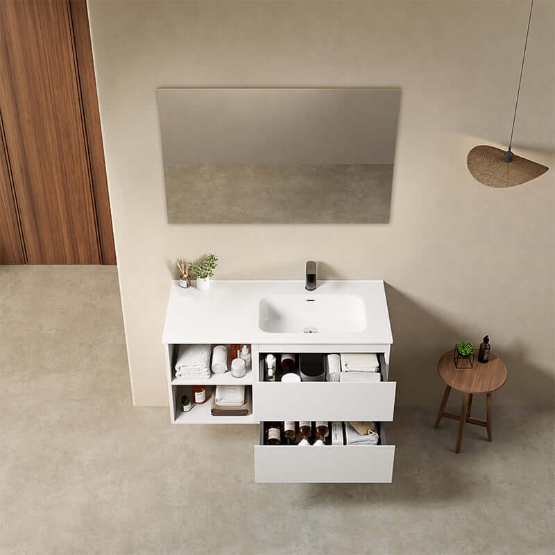 Mobile bagno sospeso 100 cm Bianco Opaco Lavabo a Destra in Ceramica Specchio Quadro - Fiji Paint Plus
