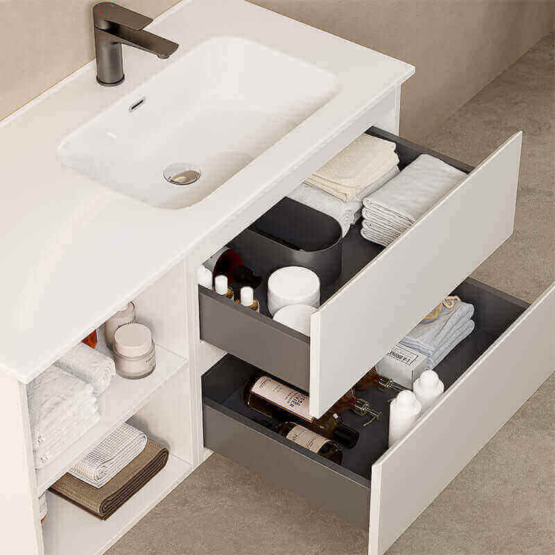Mobile bagno sospeso 100 cm Bianco Opaco Lavabo a Destra in Ceramica Senza Specchio - Fiji Paint Plus