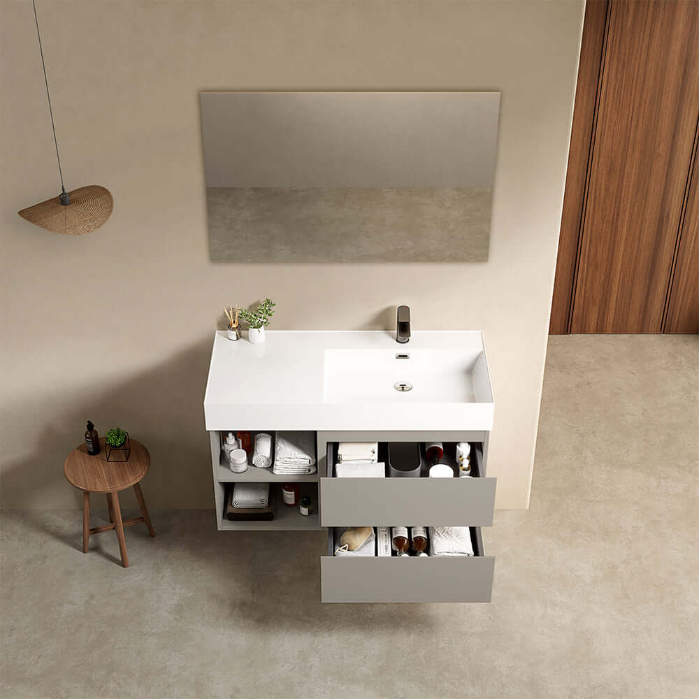 Mobile bagno sospeso 100 cm Grigio Cenere Lavabo a Destra in Resina Specchio Quadro - Fiji Paint Plus
