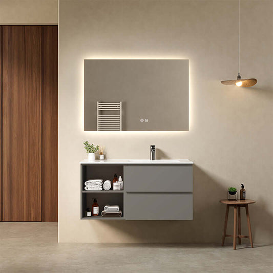 Mobile bagno sospeso 100 cm Grigio Londra Lavabo a Destra in Ceramica Specchio Quadro Retroilluminato - Fiji Paint Plus
