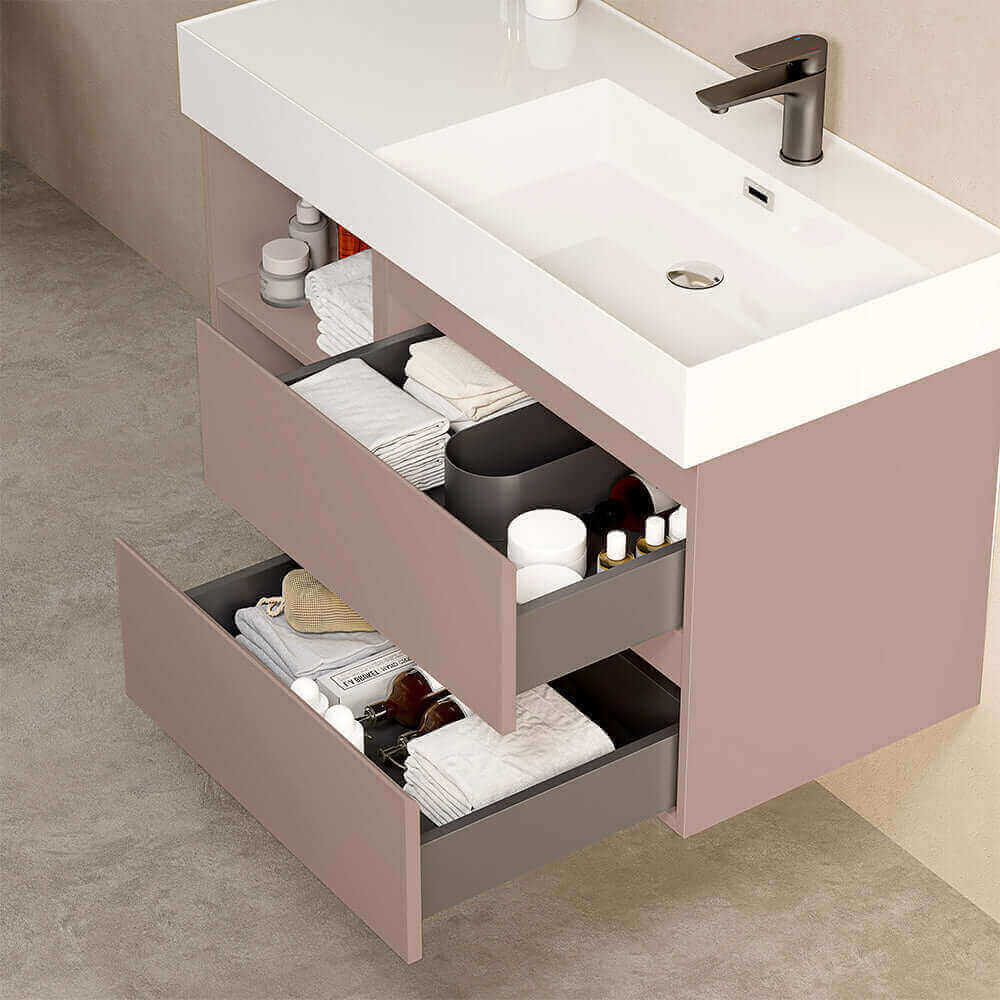 Mobile bagno sospeso 100 cm Rosa Retro Lavabo a Destra in Resina Senza Specchio - Fiji Paint Plus
